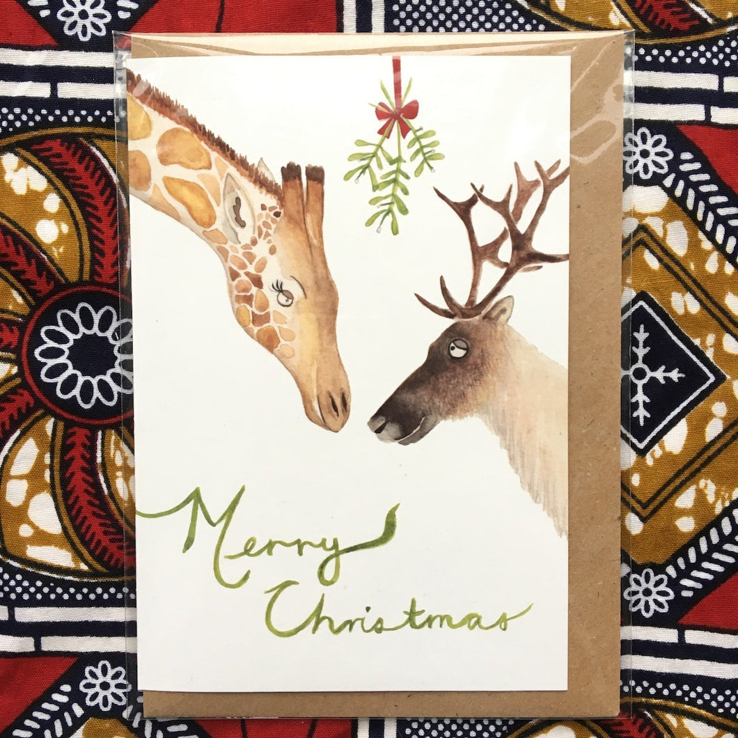 Annanasi Greeting Card - Christmas - Giraffe and Reindeer